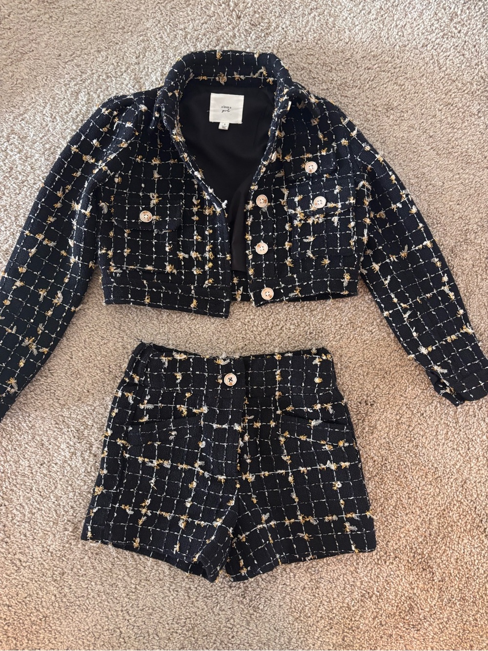 Girls' Black Tweed Cropped Blazer & High-Waist Shorts Set